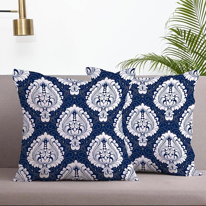 LOVOUS Navy Blue and White Damask Throw Pillow Covers 18x18 Inch Set of 2, Vintage Linen Decorative Pillow Covers for Bed Couch Sofa Bedroom Living Room Home Decor, B18