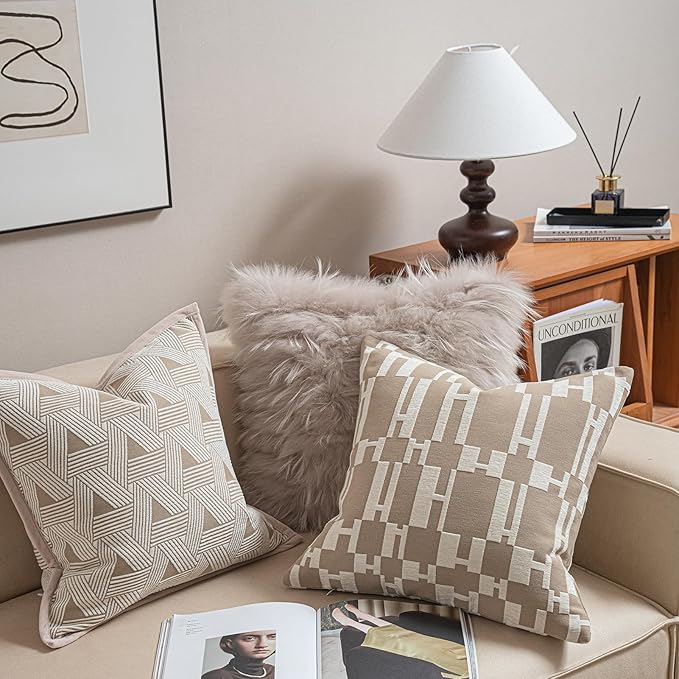 2025 New 18x18'' inches Throw Pillow Cushion Covers - Beige H Letter Chenille Jacquard Embroidery Luxury Modern Style Couch Sofa Bed Pillow Cover for Living Room Bedroom