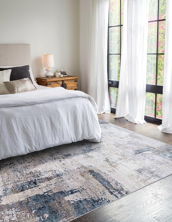 vivorug Washable Rug, Ultra Soft Area Rug 8x10, Non Slip Abstract Rug Carpet, Stain Resistant Rugs for Living Room Bedroom, Modern Fluffy Rug (Gray/Navy, 8'x10')