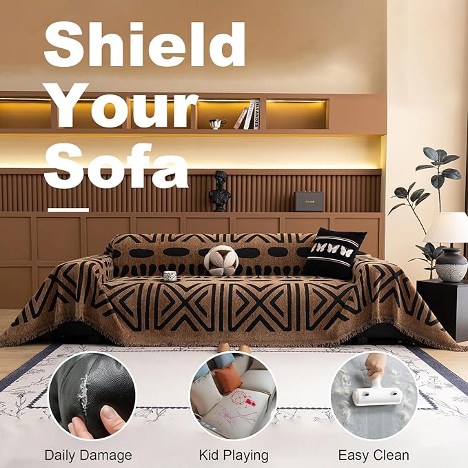 VClife Boho Couch Cover Soft Chenille Sofa Cover for Sofa Bed, 1 Piece XL Couch Covers for 3 Cushion Couch Sofa Washable Brown Black Jacquard Pattern Sofa Protector for Living Room 71''x134''