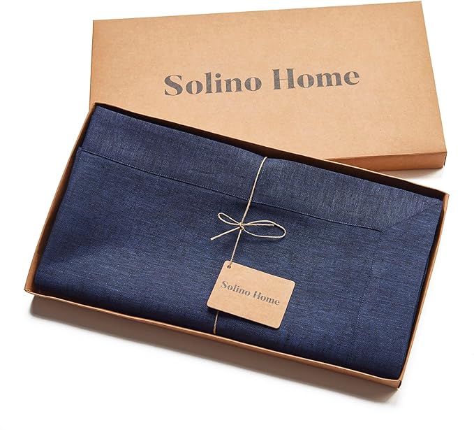 Solino Home Linen Tablecloth 60 x 120 Inch - 100% Pure Linen Chambray Navy Table Cloth for Rectangular Tables - Athena, Machine Washable Cloth Tablecloth for Fall, Thanksgiving, Christmas, Winter