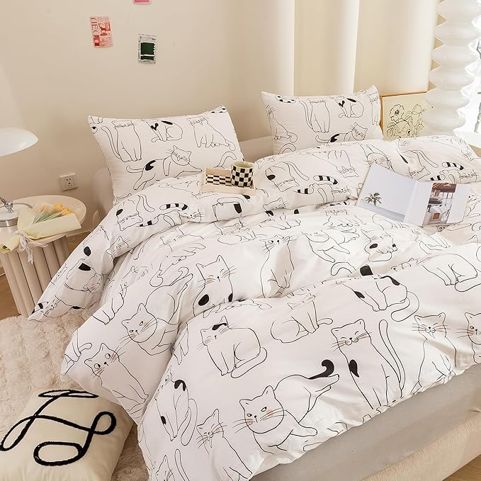 ECOCOTT Duvet Cover Queen Size, 3 Pcs Cartoon Cats Animal Print Pattern Duvet Cover Set, Super Soft Comforter Quilt Cover with Zipper Closure 4 Ties
