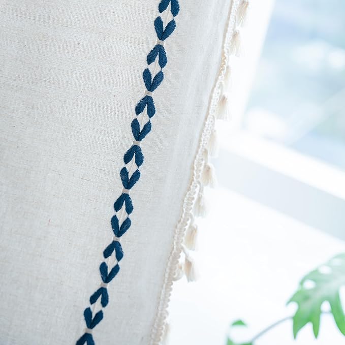 Sutuo Home Boho Curtains 72 inches for Bedroom Living Room, Semi Blackout Farmhouse Vintage Tassels Window Treatment Bohemian Embroidery Drape, Rod Pocket 1 Panel 52" W x 72" L, White and Navy Blue
