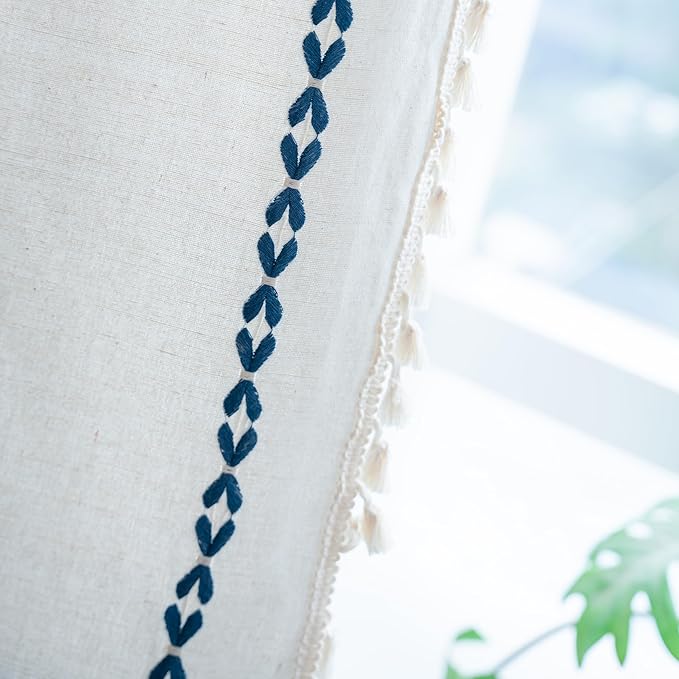 Sutuo Home Boho Kitchen Curtains for Dining Room, Semi Blackout Farmhouse Vintage Tassels Window Treatment Bohemian Embroidery Drape, Rod Pocket 1 Panel 52" W x 63" L, White and Navy Blue
