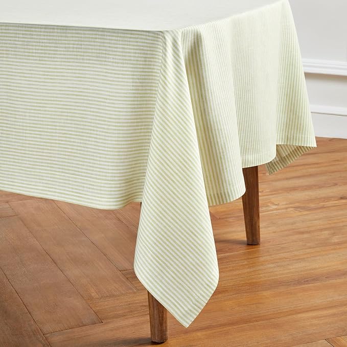 Solino Home Linen Striped Tablecloth 60 x 90 Inch - 100% Pure Linen Sage and White Table Cloth for Rectangle Tables - Narrow Stripe, Machine Washable Tablecloth for Thanksgiving, Christmas, Winter