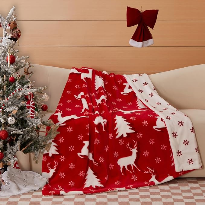 COOVA Christmas Faux Rabbit Fur & Flannel Throw Blanket 50x60 Inch - Festive Luxury Soft & Cozy, Perfect for Holiday Decor, Bed, Sofa, Couch, Elk Pattern,Red