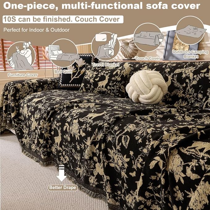 ROOMLIFE Black Sofa Cover, Vintage Boho Couch Cover for 3 Cushion Sofa, Non Slip Soft Chenille Sofa Slipcovers for Dog, Washable Furniture Sofa Protector Cover with Tassel for Living Room, 71''X150”