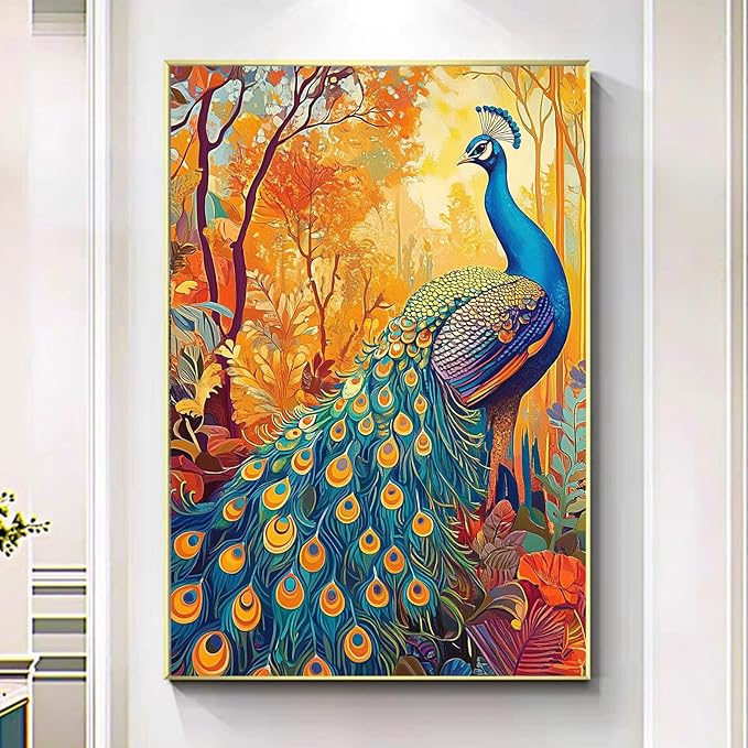 Vintage Peacock Canvas Wall Art Vintage Autumn Poster Prints Blue Animal Painting Vintage Animal Picture Aesthetic Peacock Canvas Prints for Living Room Decor 16x24inch Unframed