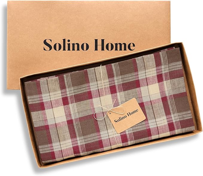 Solino Home Linen Square Tablecloth 52 x 52 Inch - 100% Pure Linen Rustic Multicolor Tartan Plaid Tablecloth - Handcrafted and Machine Washable Table Throw for Fall, Autumn, Thanksgiving