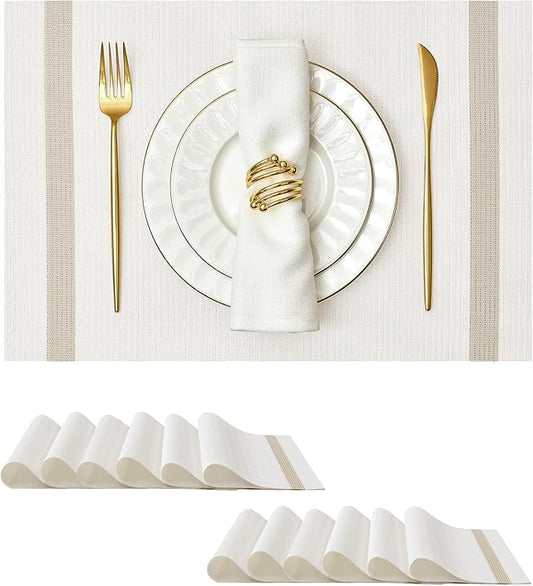 Leetaltree Luxury White Placemats with Gold Stripes Placemats Set of 12 - Waterproof Washable for Wedding, Anniversary, Daily Use - Sparkling Table Decor - Hand-Cut