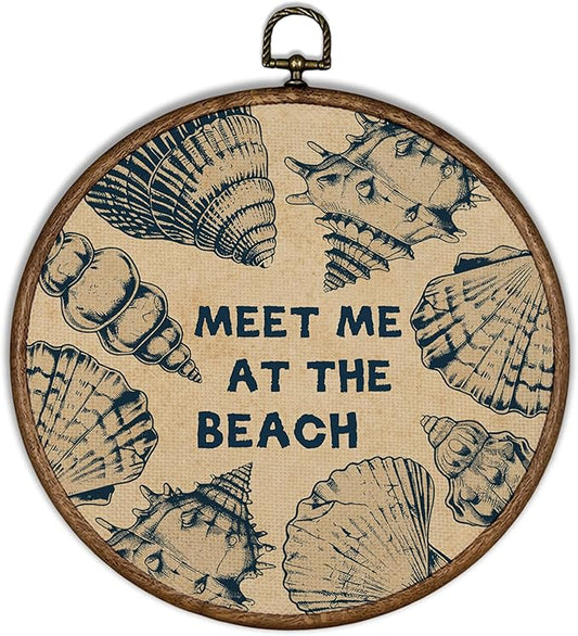 XBBMGG Coastal Seashell Wall Art Decor, Vintage Meet Me at The Beach Shell Round Wall Hanging Decor, Nautical Seashell Framed Canvas Prints for Living Room Bathroom Decorations, 10x10inch