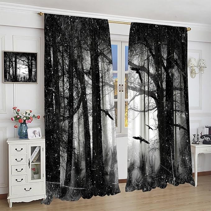 Gothic Forest Blackout Curtains, Foggy Forest Dead Trees Crow Halloween Style Black White Scary Print Window Treatments, for Bedroom Living Room 21(W)*45(L) 2 Panels