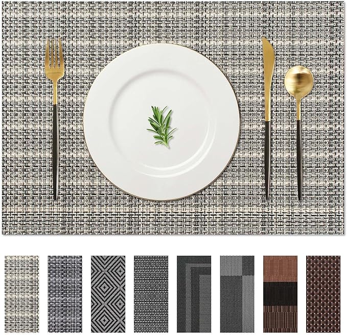 AHHFSMEI Placemats for Dining Table Set of 8 Woven Vinyl Plastic Place Mats Non-Slip Heat Insulation Stain Resistant Table Mats Washable Easy Clean Placemats (Linen gey 8)