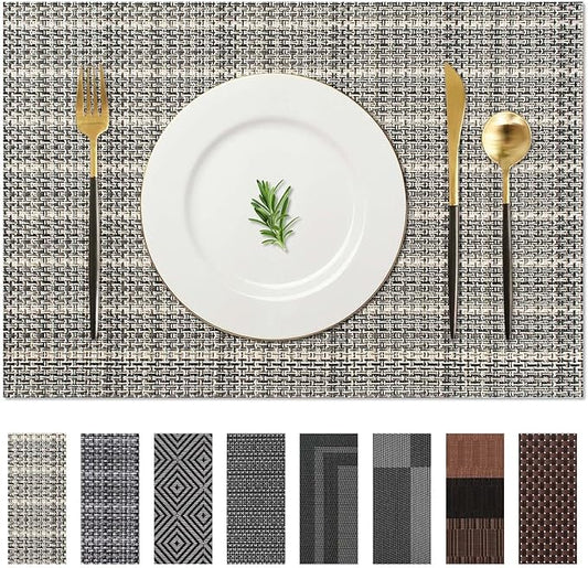 AHHFSMEI Placemats for Dining Table Set of 4 Woven Vinyl Plastic Place Mats Non-Slip Heat Insulation Stain Resistant Table Mats Washable Easy Clean Placemats (Linen gey 4)