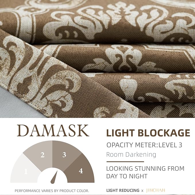 jinchan Room Darkening Curtains for Bedroom Brown Damask Patterned Curtains 84 Inch Length for Living Room Linen Textured Vintage Drapes Medallion Window Treatments Grommet Top 2 Panels Set