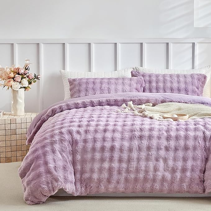 Tokokimo Fluffy Fleece Queen Size Duvet Cover Set, Ultra Soft Reversible Heavyweight Bedding Set, Extra Warm Winter Duvet Cover Set with 2 Pillow Cases, All Season Fuzzy Comforter Cover Set, Purple