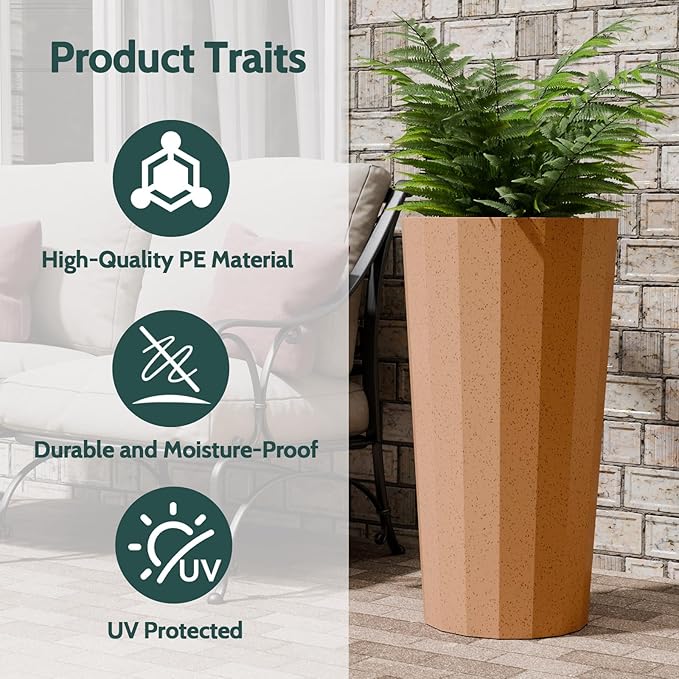 2PCS Tall Planters for Outdoor Plants, 23.6 Inches Large Outdoor Conical Flower Pots for Porch with Drainage Holes and Drainage Baffle, Tapered Large Planters for Garden, Balcony Clay Color