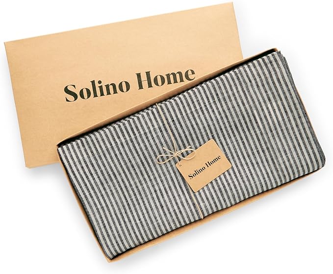 Solino Home Linen Tablecloth 60 x 120 Inch - Narrow Stripe 100% Pure Linen Black and White Table Cloth for Rectangle Tables - Machine Washable Tablecloth for Fall, Winter, Thanksgiving, Christmas
