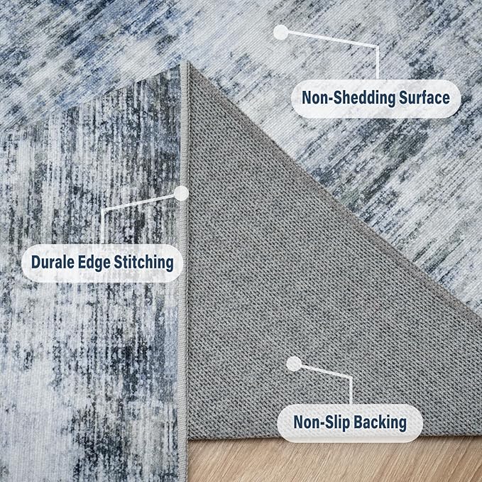 Area Rug Living Room Rugs: 6x9 Rug for Bedroom Machine Washable with Non Slip Backing Non Shedding Abstract Stain Resistant Large Carpet for Dining Room Nursery Home Office - Blue/Gray