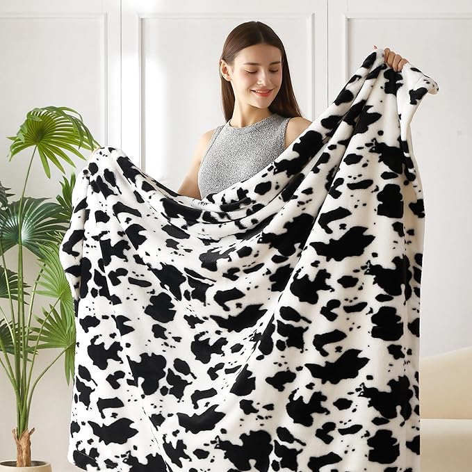 COOVA Faux Rabbit Fur & Flannel Throw Blanket 50x60 Inch - Luxury Fuzzy & Cozy Soft Blanket for All Seasons, Breathable and Comfortable for Bed, Sofa, Couch, and Camping, Cow Print,Black/White