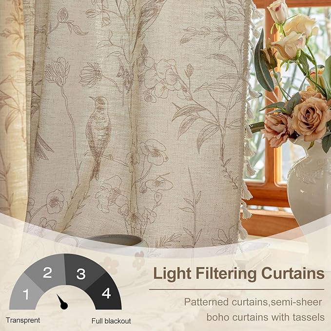 OYX Boho Curtains, Floral Curtains Beige with Garden Birds, Farmhouse Birds Drapes 63 Inches Length Semi Sheer, Rod Pocket Vintage French Country Window Curtain Set 2 Panels for Kitchen, Bedrooms