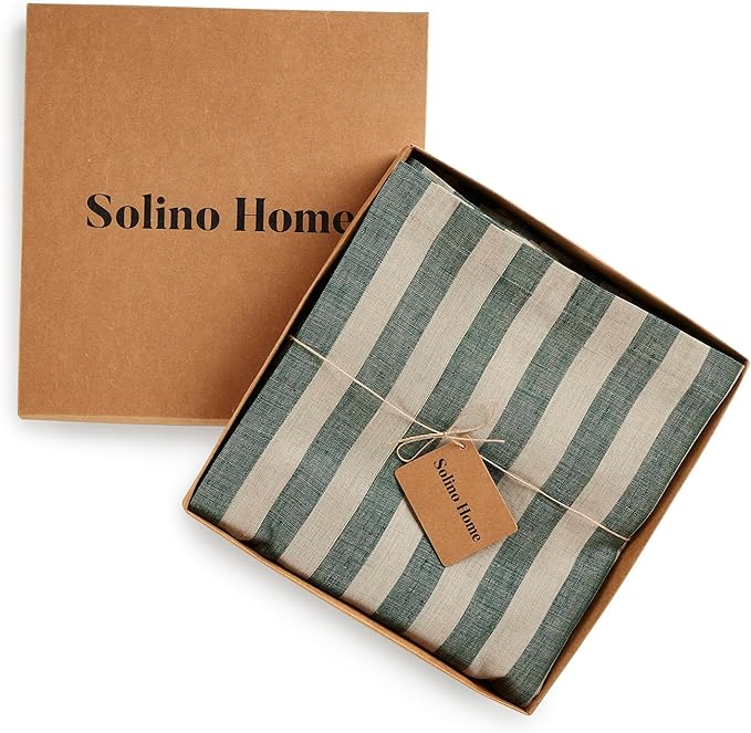 Solino Home Linen Tablecloth 60 x 90 Inch - Sorrento Stripe 100% Pure Linen Hunter Green and Natural Table Cloth for Rectangle Tables - Machine Washable Tablecloth for Thanksgiving, Christmas, Winter