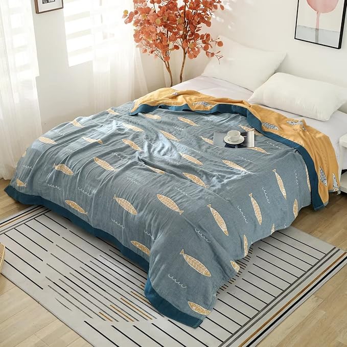 Boho Throw Blanket for Bed 100% Cotton Ultra Soft Rustic Quilt Fall Blanket Fish Printed Farmhouse Decor Bed Blankets,60"×80" All Season Rustic Throw for Sofa Couch Chair