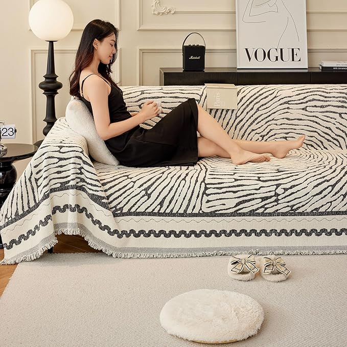 ROOMLIFE Thicked Striped Couch Cover with Tassel Black Chenille Sofa Cover Blanket for Sectional Sofa, Soft Sofa Slipcovers for L Shaped Love Seat 2-3 Cushion Couch Anti Slip Sofa Protector, 71"x118"