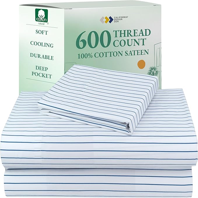 California Design Den Printed Striped Twin XL Sheets Set - Luxury 600 Thread Count, 100% Cotton Sateen, Hotel Quality Deep Pocket Extra Long Twin Sheets - Classic Blue Stripe Print