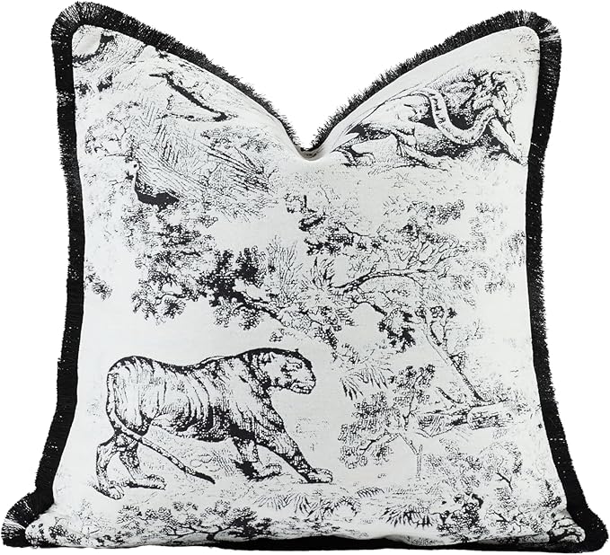 New 20x20'' inches Throw Pillow Cushion Covers - Black Jungle Tiger with Edge Strip Chenille Jacquard Embroidery Luxury Modern Style Couch Sofa Bed Pillow Cover for Living Room Bedroom