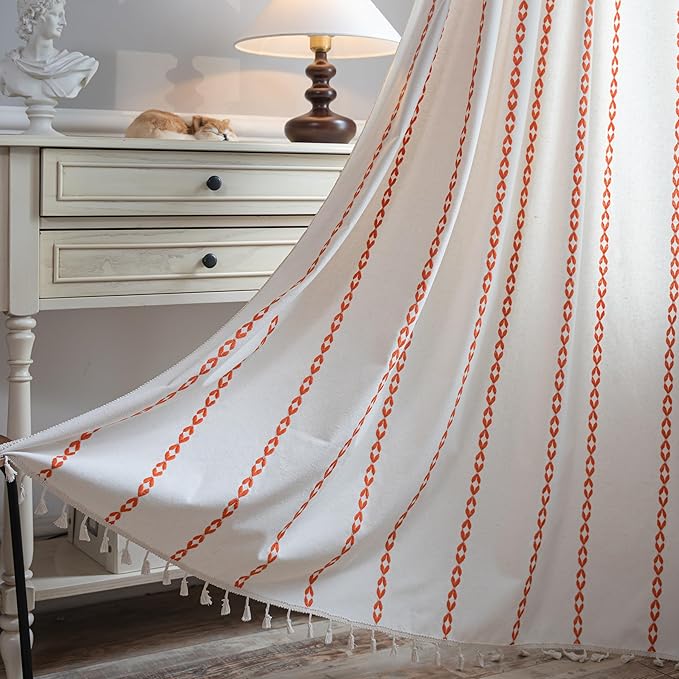 Sutuo Home Boho Curtains 90 Inches Long, White and Orange Bohemian Curtain for Bedroom Living Room, Light Filtering Country Rustic Semi Blackout Farmhouse Drape Rod Pocket, 1 Panel W52 x L90