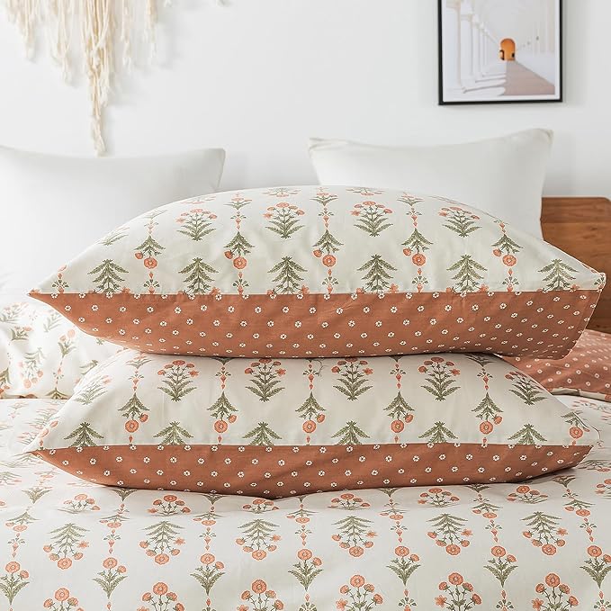 HoneiLife Queen Duvet Cover Set - Breathable 100% Cotton Floral 3pcs Wildflower Comforter Cover, with Zipper Closure and Corner Ties, Sweet Grass