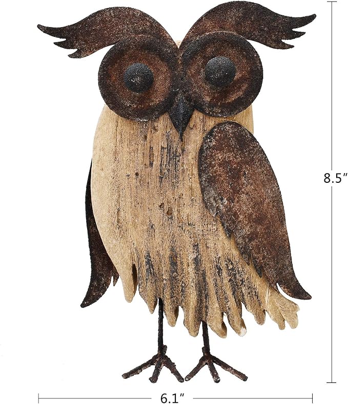 K KILIPES Rustic Owl Decorations - Metal & Wood Owl Figurines (8.5" H) for Home Tabletop Ornaments & Collectibles