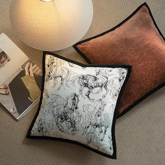 New 20x20'' inches Throw Pillow Cushion Covers - Black Horse Chenille Jacquard Embroidery with Edge Strip Luxury Modern Style Couch Sofa Bed Pillow Cover for Living Room Bedroom