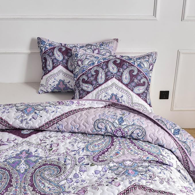 DURLENGEN Purple Quilt Set King Size 3Pcs, Purple & Pink Paisley Styling Bedspread, All Season Lightweight Coverlet Sets(King 106x96, Purple Paisley)