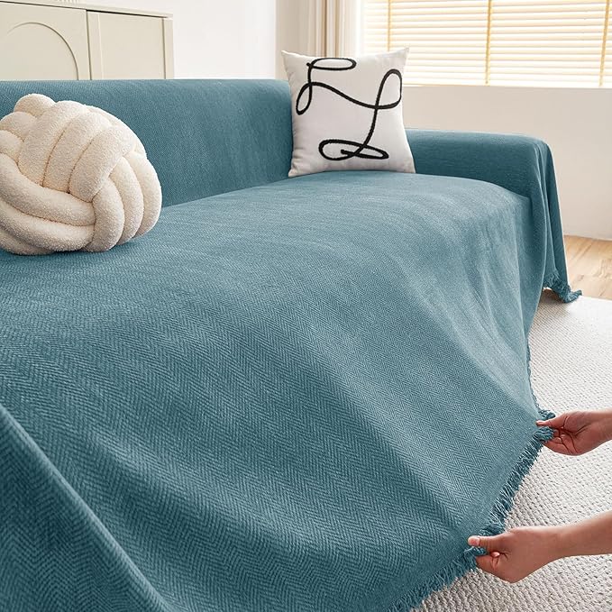 hyha Couch Cover for Dogs, Boho Sofa Covers for 3 Cushion Couch Washable, Chenille Sofa Slipcover for Pets, Soft Loveseat Sectional Couch Throw Blankets with Tassels (Blue, 88.5x118 Inch)