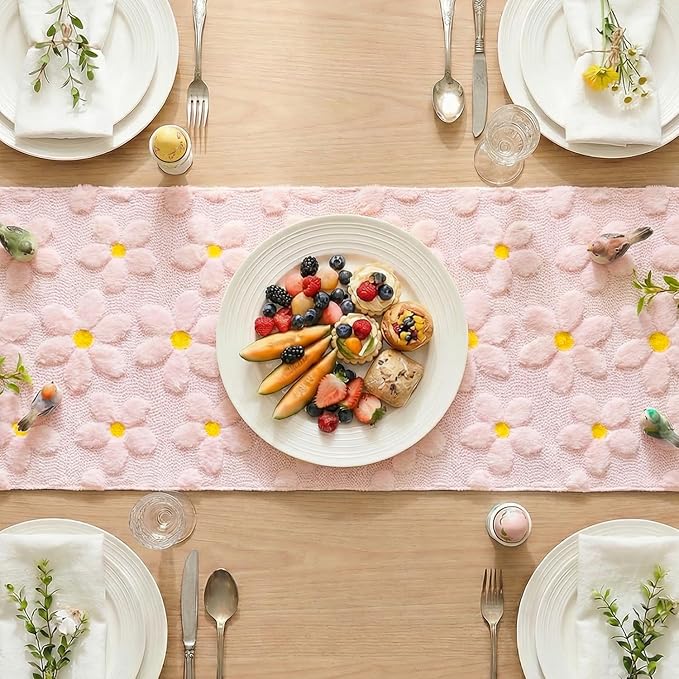 Artoid Mode Pink Soft Plush Faux Fur Jacquard Embroidery Daisy Spring Table Runner, Kitchen Dining Table Decoration for Home Party Decor 13x36 Inch