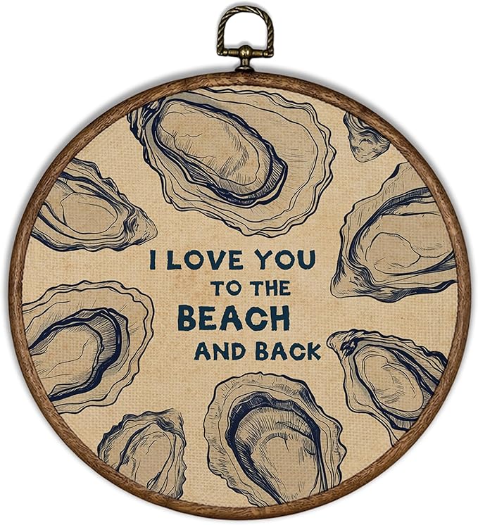 XBBMGG Coastal Oyster Wall Art Decor, Vintage I Love You to The Beach and Back Oyster Shell Round Wall Hanging Decor, Beach Seashell Framed Canvas Prints for Living Room Bathroom Decorations, 10x10in