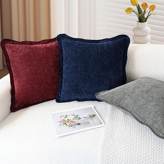 CaliTime Throw Pillow Covers Decorative 18 X 18 Inches Pack of 2 Cozy Chenille Scalloped Wavy Edge Cushion Cases for Couch Sofa Bed Living Room Farmhouse Medium Grey