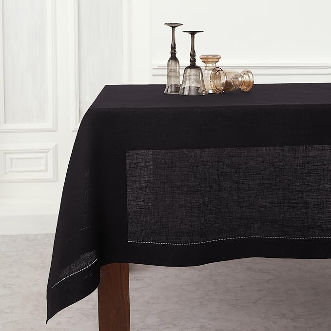 Solino Home Linen Tablecloth 60 x 108 Inch - Classic Hemstitch 100% Pure Linen Black Table Cloth for Rectangle Tables - Machine Washable Tablecloth for Fall, Autumn, Winter, Thanksgiving, Holiday