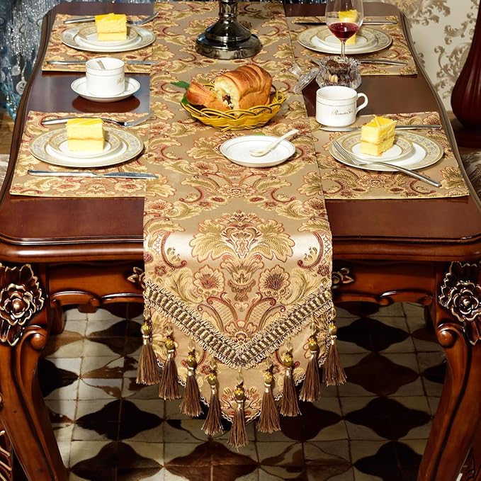 Extra Luxury Velvet Blue Table Runner 120 Inches Long with Vintage Damask Jacquard Design for Dining Room,Living Room,Home Decor,Elegant Beaded Tapestry (Dark Gold, 13×125 inch)