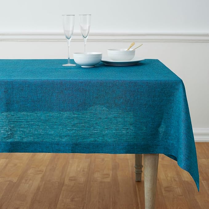Solino Home Linen Tablecloth 60 x 120 Inch - 100% Pure Linen Chambray Teal Table Cloth for Rectangle Tables - Athena, Machine Washable Tablecloth for Fall, Autumn, Thanksgiving