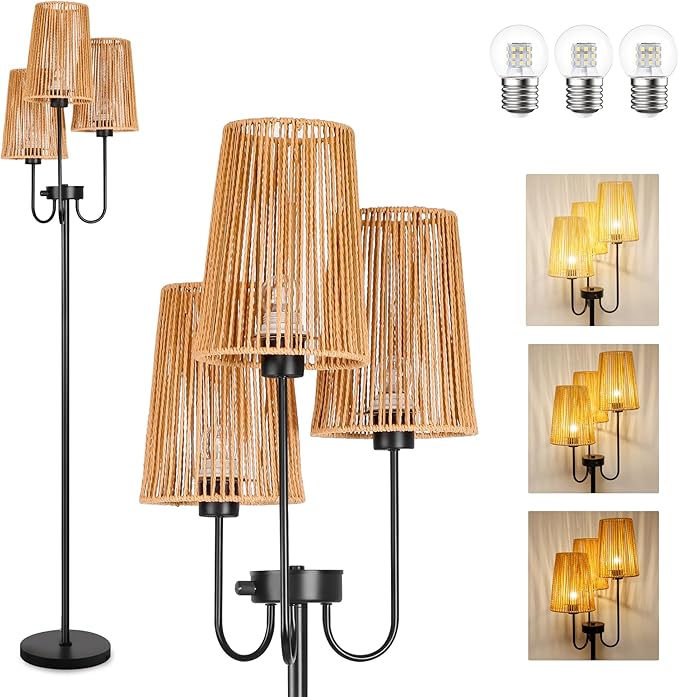 Rattan Floor Lamp for Living Room,3-Light Farmhouse Standing Lamp with Rattan Shades, 65" Tall Rustic Tall Lamps for Bedroom,Office,3 x E26 LED Bulb Included