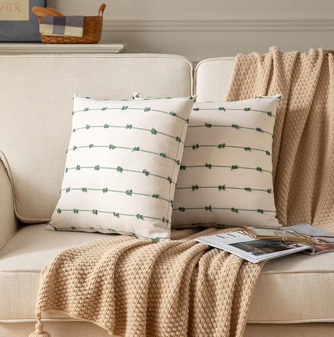 Caflife Boho Throw Pillow Covers 18x18 inches Beige and Green, Set of 2 Modern Farmhouse Decorative Pillow Covers for Couch Bed, Living Room