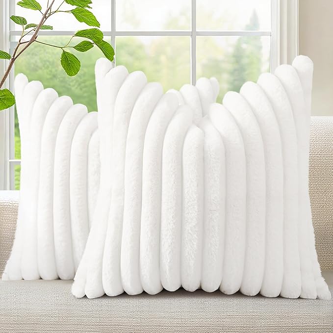 decorUhome Faux Fur Christmas Throw Pillow Covers 18x18 Set of 2, Decorative Soft Plush Striped Neutral Couch Euro Pillow Covers with Velvet Back for Sofa, Bed, Living Room Home Decor, White
