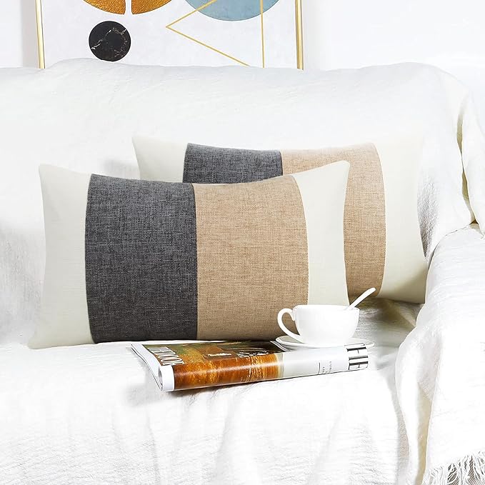 Pyonic Boho Lumbar Pillow Covers Cream White and Grey Throw Pillow Covers 12X20 Set of 2 Farmhouse Decorative Linen Pillow Covers for Couch Sofa Living Room