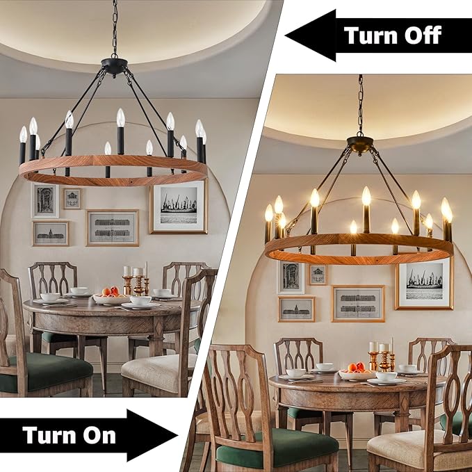 Wagon Wheel Chandelier 32" with Wood Grain Finish, 12-Light Farmhouse Dining Room Light Fixture, Modern Round Iron High Ceiling Chandeliers for Living Room, Foyer, Entryway, E12