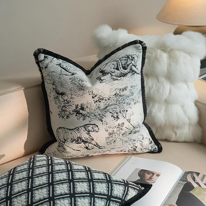 New 20x20'' inches Throw Pillow Cushion Covers - Black Jungle Tiger with Edge Strip Chenille Jacquard Embroidery Luxury Modern Style Couch Sofa Bed Pillow Cover for Living Room Bedroom