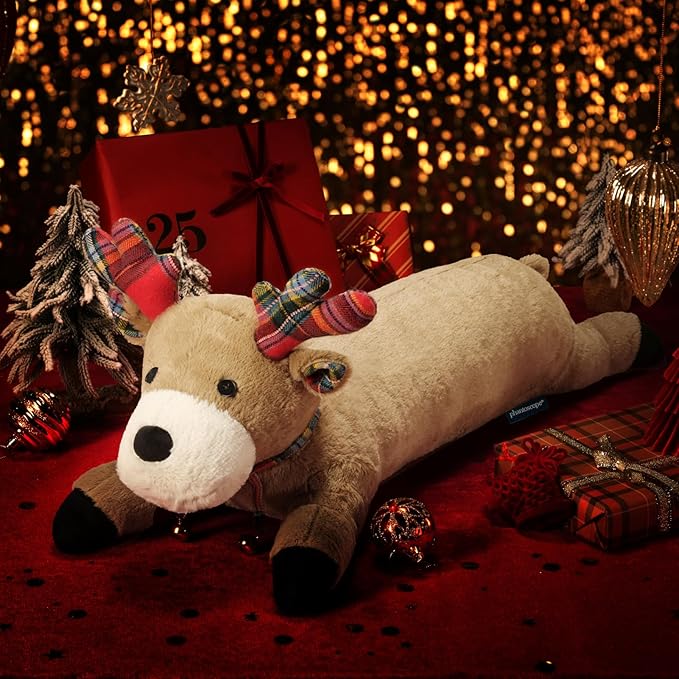 Phantoscope Christmas Animal Series, Reindeer Shaped Throw Pillow with Bell, Faux Rabbit Fur Christmas Body Pillow Decorative Pillows for Couch Sofa Bed, Light Brown Reindeer 30.5 x 9 inches