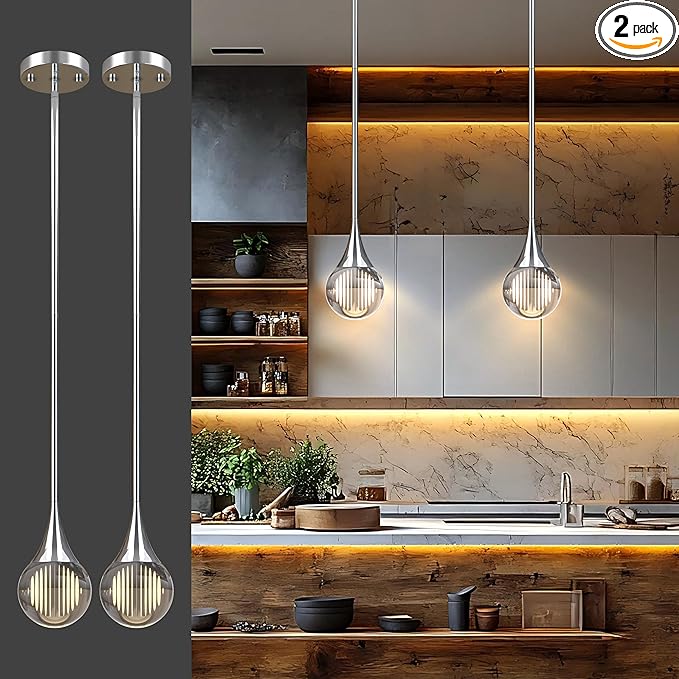 2-Pendant Lights Kitchen Island, Chrome Silver Globe Crystal Ceiling Hanging Light Fxitures, LED Light Fixtures Metal Rod Ceiling Glass Pendant Lighting for Kitchen Island Dining Room Bar